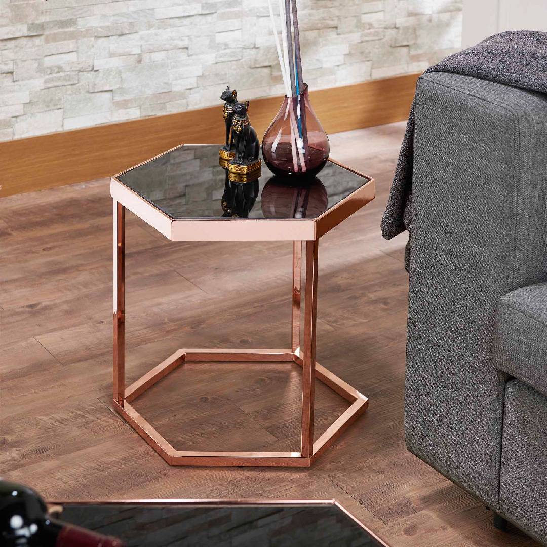 Hexagonal Black Glass Rose Gold Exquisite Side Table Supply One