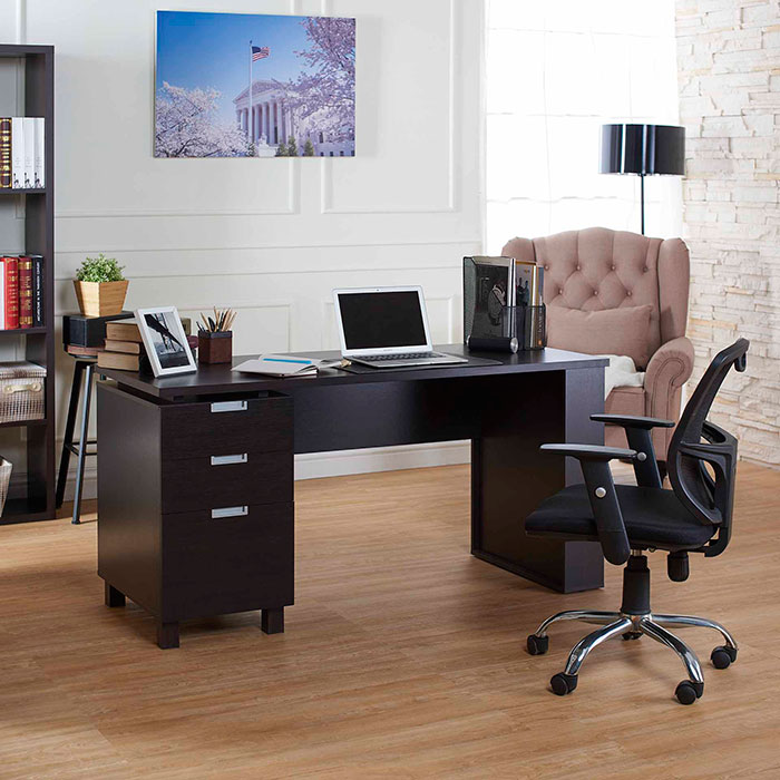 Office, desk, three drawers, dark brown, simple winds.