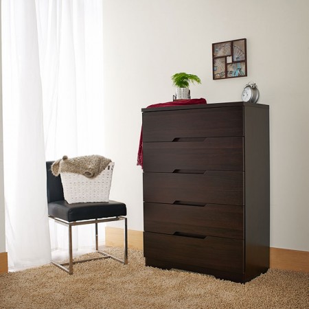 Drawer Chest - Dark brown, bedroom, five drawers, handle mining groove shape, lockers