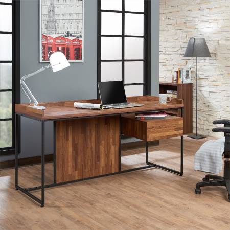 Dark Teak Retro Office Desk - Deep teak color (reclaimed teak) broad desktop.