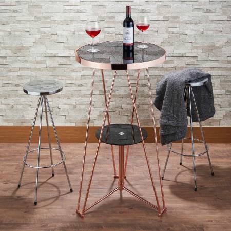 Стеклянный настольный промышленный стол Wind Bar - Стол из розового золота с текстурным высоким столом из черного стекла.
