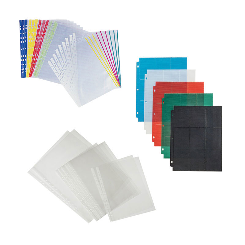 Clear sheet protectors for ring binders.