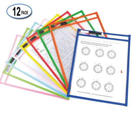 10"x13" Colorful Dry Erase Pocket - Non-Woven Edge Dry Erase Pockets with elastic band pen holder.
