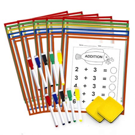 25 Pack Side-Loading Dry Erase Pocket Kit - Colorful edges are durable and tear-resistant. It's great for grouping classroom and learning use.