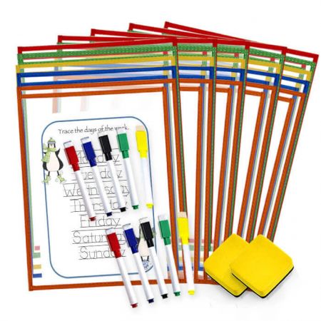 25 Pack Side-Loading Dry Erase Pocket Kit - Especially ideal for school kids use at class or home, they could load the worksheets in and out easily.