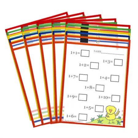 25 Pack Dry Erase Pocket - Non-Woven Edge Dry Erase Pockets with elastic band pen holder.
