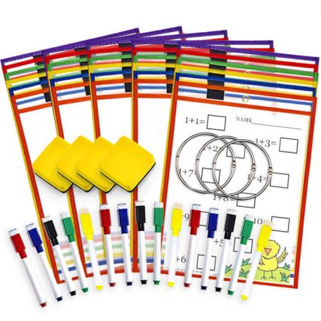 30 Pack Dry Erase Pocket Kit - These Industrial grade stitched heavy duty pockets are made to withstand daily usage of classroom, office and home.