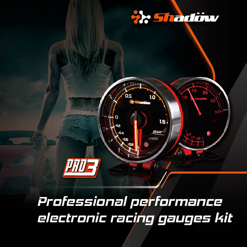 Shadow PRO3 12V DC Electric Racing Gauges Have White and Red LED.