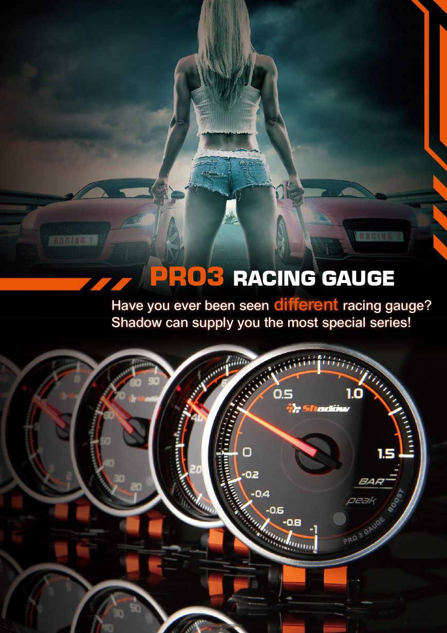 Shadow PRO3 12V DC Electric Racing Gauges Have White and Red LED.