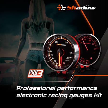 Jauges de course électroniques professionnelles - Les jauges de course électriques Shadow PRO3 12V DC ont une LED blanche et rouge.