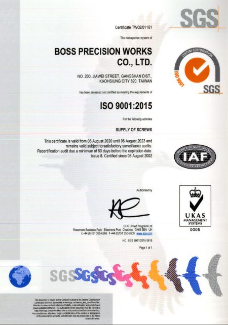 ISO-9001:2015 SGS 인증서#TW02/01161