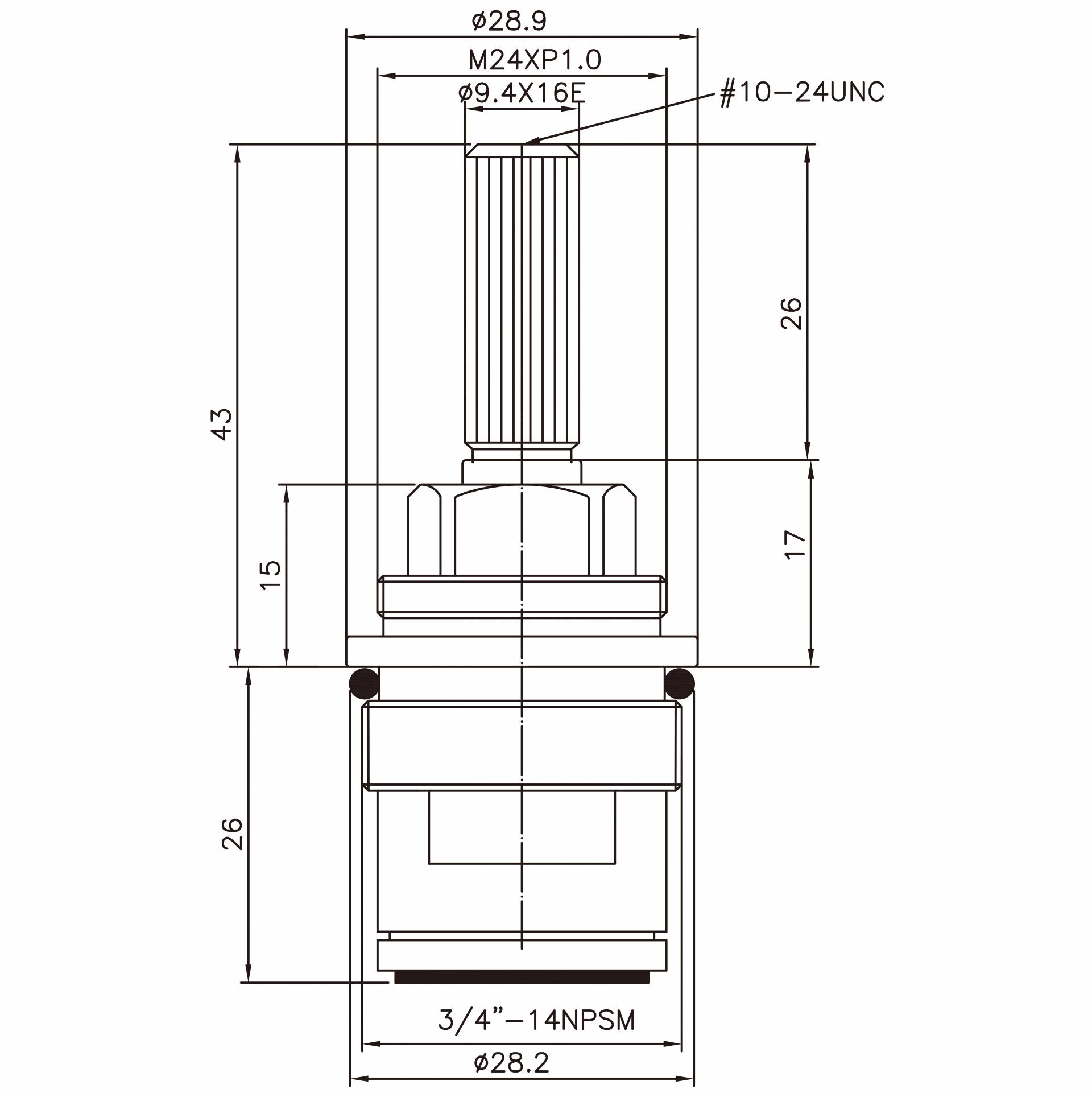 3/4"-14 NSPM 90 度回転 2 ハンドル蛇口真鍮カートリッジの寸法図。