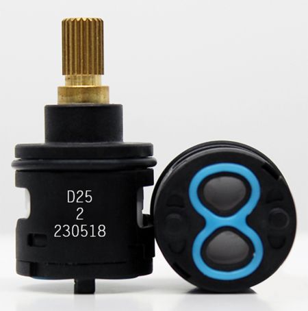 25mm 2 ports diverter cartridge with shut-off function; 180 degree turning - 25mm two holes diverter cartridge with on and off function in 180 degree turning.