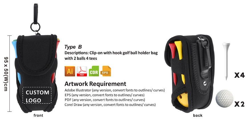 Type B Customizable Neoprene Golf Ball Holder with Velcro Flip Top and Metal Clip