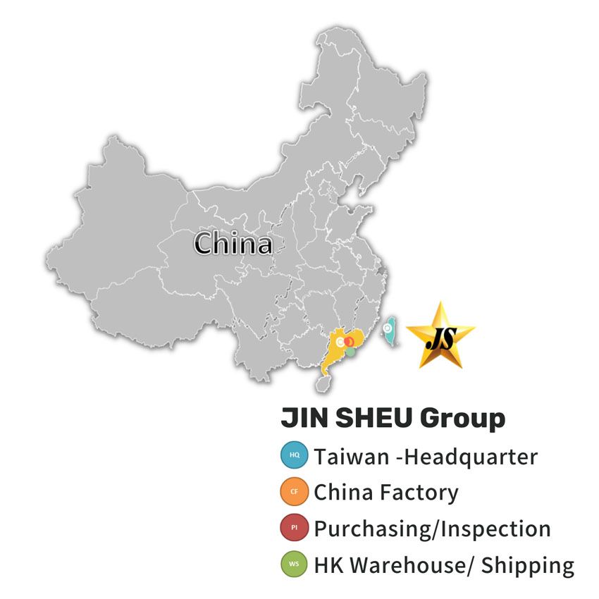 Jin Sheu's China factory and warehouse provide a way to access raw materials and take advantage of China's manufacturing capabilities.