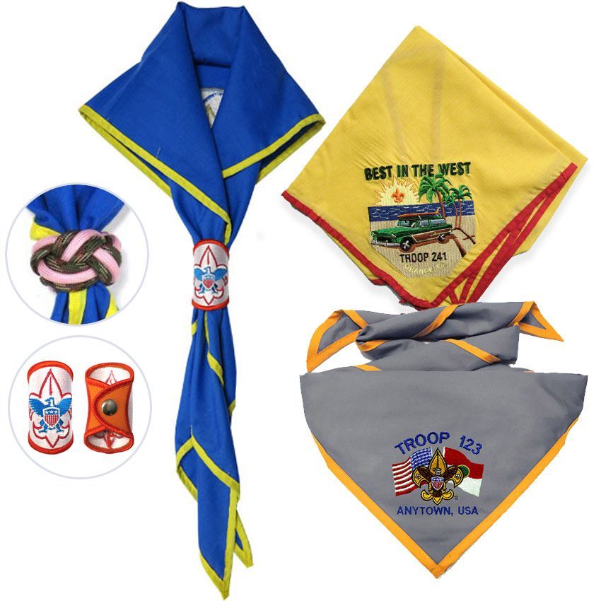 Embroidered logo scout neckerchiefs and woggles