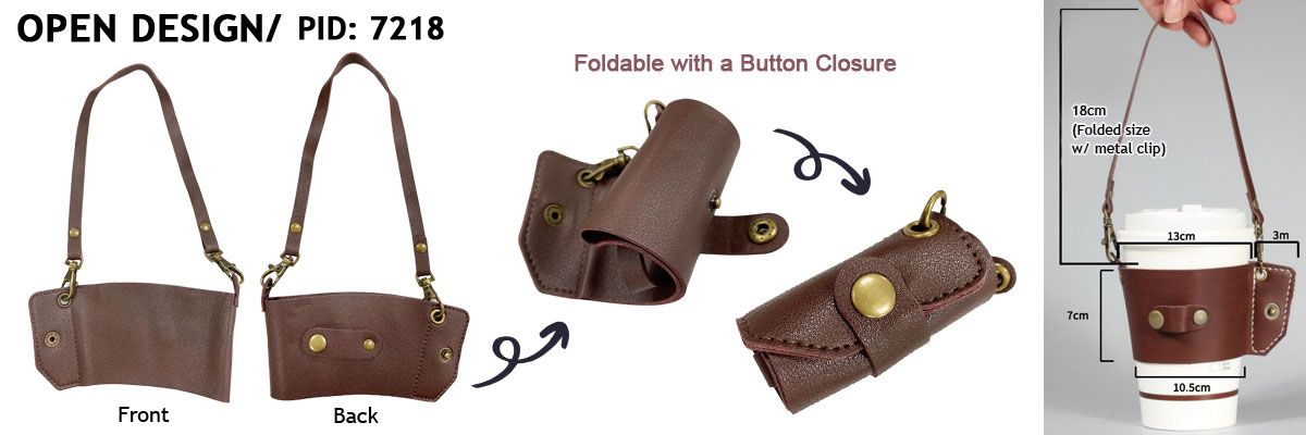 Open Design- Leather Foldable Coffee Holder with a Button Closure (PID: 7218)