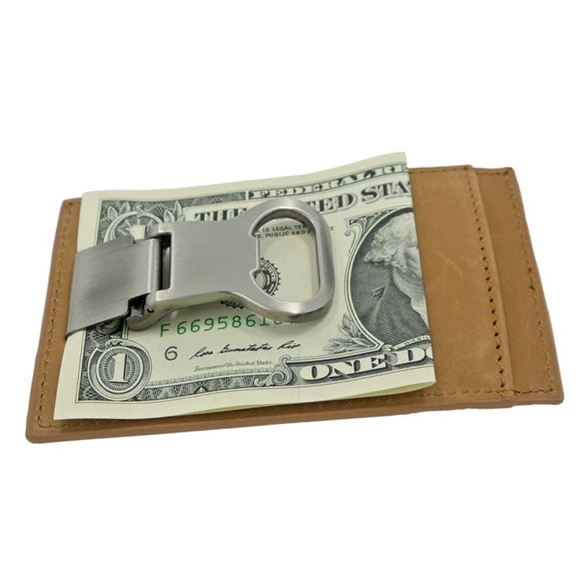 Leather card and money holder with bottle opener