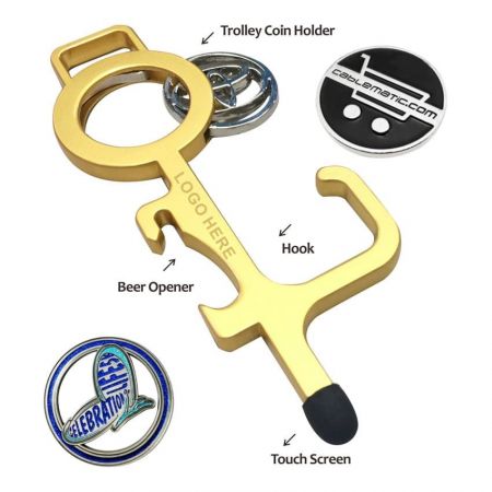 Anti-Virus Door Opener, Coin Holder, Bottle Opener with Stylus - Door Opener Keychain with Coin Holder