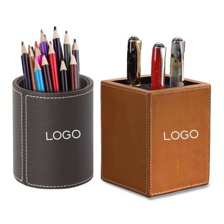 Promotional Leather Pen Cup Holders - Advertising Faux Leather Pen Cups with Custom Logo