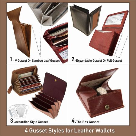 Popular Gusset Styles for Leather Wallets - four different gussets applications