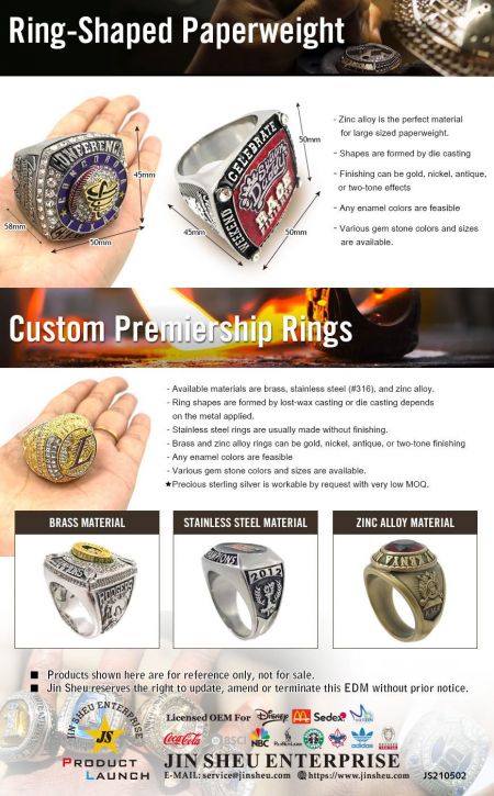 Giant Commemorative CHAMPIONSHIP RING Paperweight - Customized Sports Ring Paperweights for Your Favorite Team. They can be personalized in brass, stainless steel, zinc alloy or even in sterling silver. Jin Sheu's team of experts is here to help you with the perfect design.