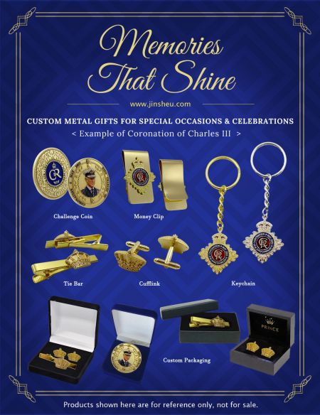 Custom Metal Celebration Gifts: Coins, Tie Bars, Cufflinks, Keychains and more - Custom Metal Celebration Gifts of Coronation of Charles III