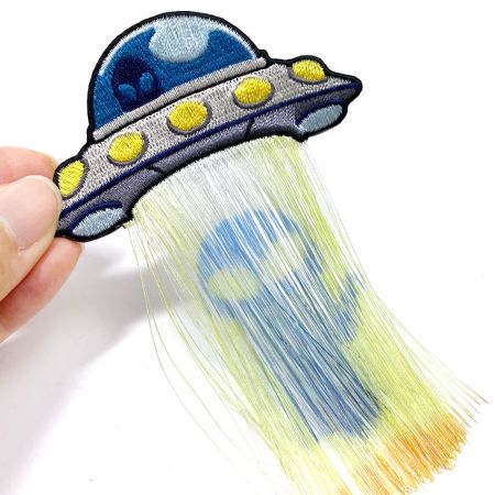 Novelty UFO Patch with Printed Alien Tassel - promotional decorated iron on tassel patch