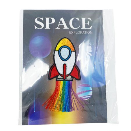 Rainbow Tassel Embroidery Rocket Patch - custom embroidered tassel patch with paper card packaging