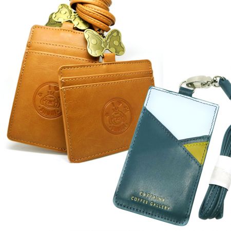 Leather ID Badge Card Holders - custom debossed logo leather card holder with neck strap