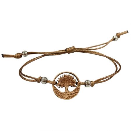 Wooden Bracelet with Adjustable Wax String - Wax String Bracelet with Tree of Life Wooden Charm