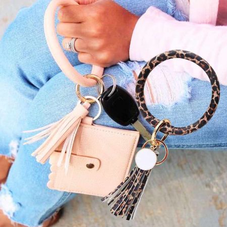 Leather Wristlet Keychain Bracelet with Wallet - Wholesale oversized leather tassel bangle keyring