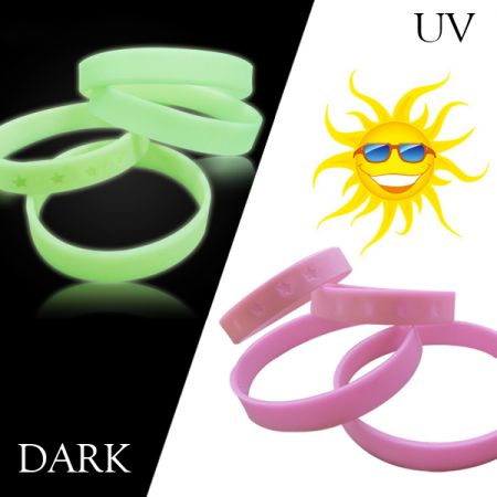 Glowing & UV Sensitive Bracelets - Customized glowing in the dark wristband and color changing UV sensitive bracelets.