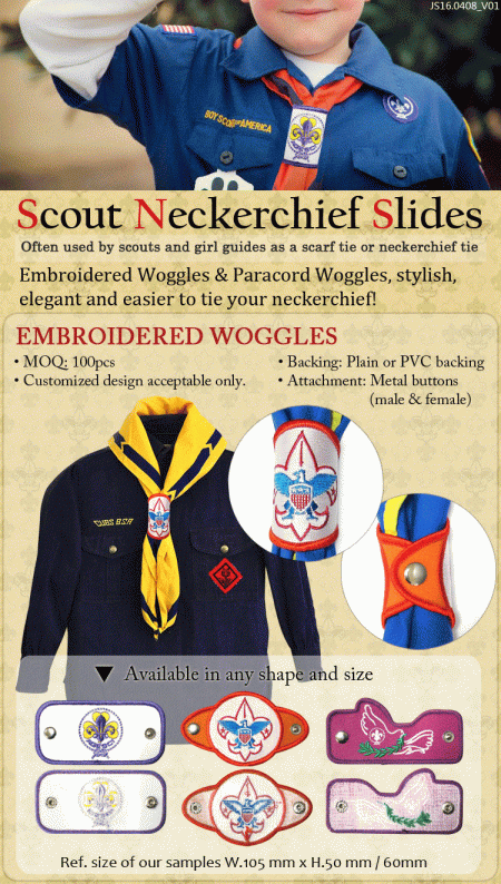 Scout Neckerchief Slides - Embroidered woggles and paracord woggles for neckerchief
