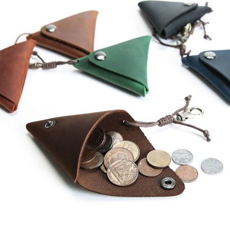 leather triangle coin pouch with cord strap