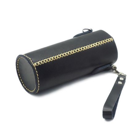 black leather bottle sleeve holder with one side strap