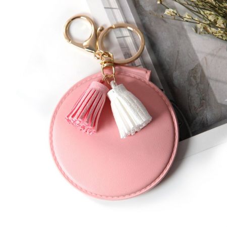 Pink Round Leather Compact Mirror Keychain