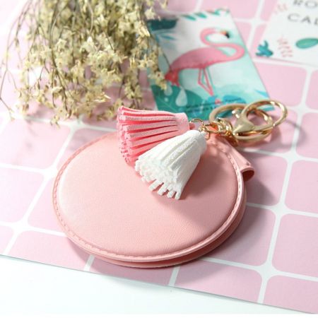 Round Leather Portable Mirror with Keyring