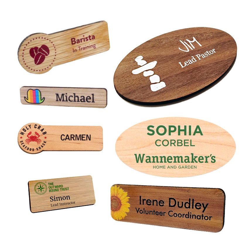 Wood name tags Wood Engraved Name Tags Keychain & Enamel Pins