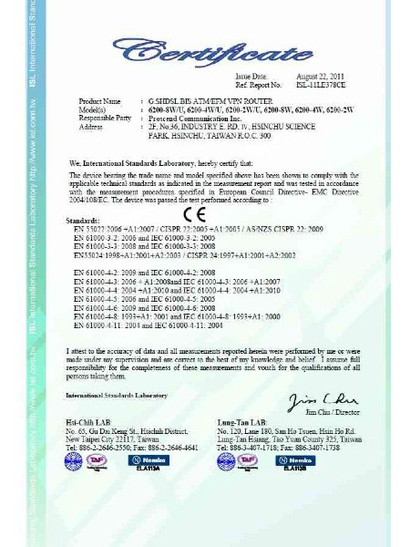 G.Shdsl.bis EFMATM VPN Router 6200N Series CE Certificate