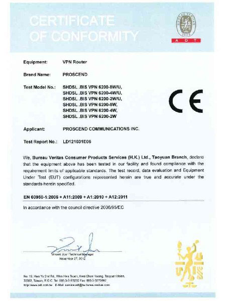 G.Shdsl.bis EFMATM VPN Router 6200N Series CE EN60950-1 Certificate