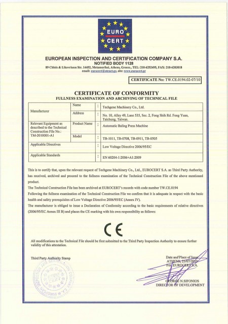 Certificados TW.CE para enfardadeiras - Certificado TW.CE para enfardadeiras