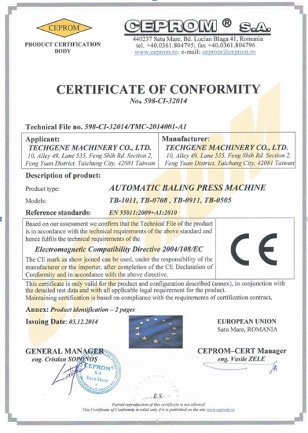 CEPROM S.A. Certificats for balers - CEPROM S.A. Certificats for balers