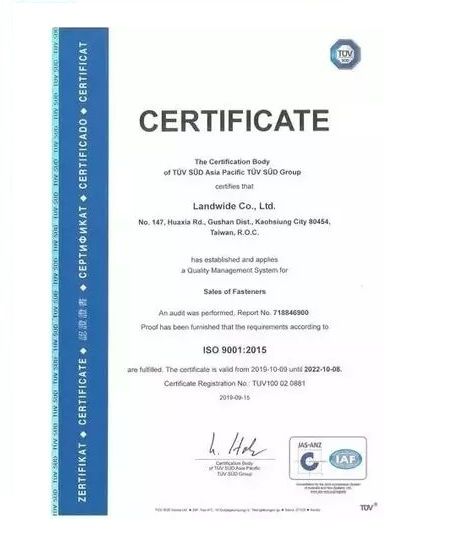 Except for being a skillful screw manufacturer, we've been awarded ISO 9001 : 2015.