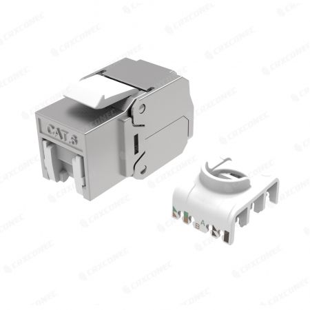 Conector de red RJ45 Cat.6 de 180° sin herramientas con obturador blanco