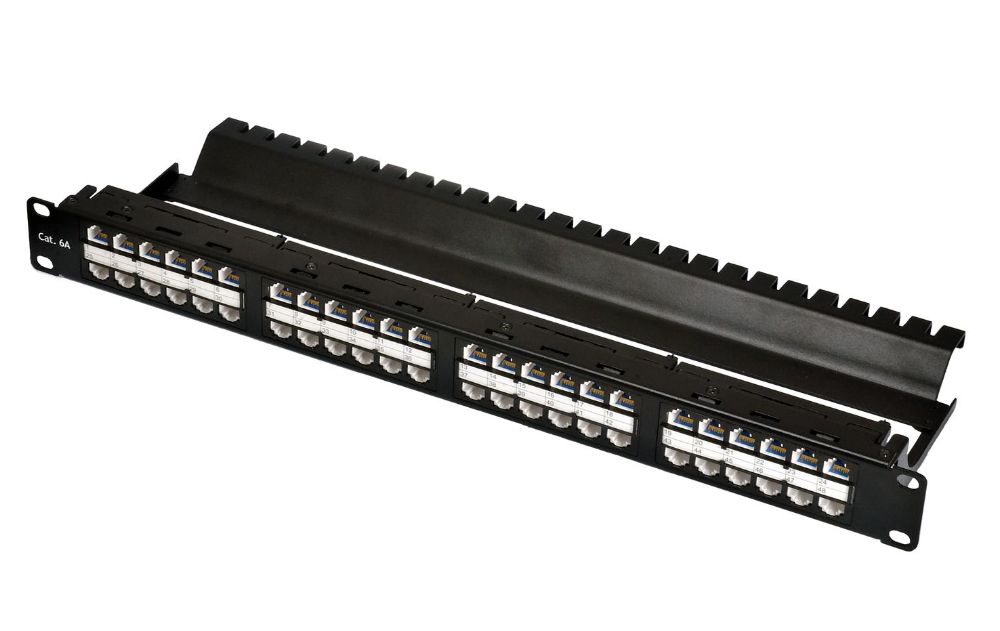 1U-48P Feed-Thru - Ungeschirmtes ISO 11801 Klasse Ea 48 Port-1U Durchführungspanel mit integriertem Kabelmanagement