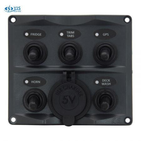 5P Toggle Switch Panel with USB Charger - SP2125U-5P Modern Design Toggle Switch Panel with USB Charger (Dark Gray)