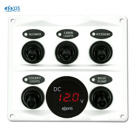 5P Toggle Switch Panel with Digital Battery Gauge (White) - SP2146G-5P Modern Design Toggle Switch Panel with  Digital Battery Gauge (White)