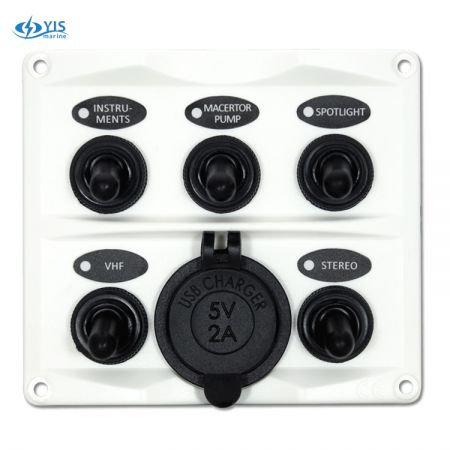 5P Toggle Switch Panel with USB Charger (White) - SP2146U-5P Modern Design Toggle Switch Panel with USB Charger (White)