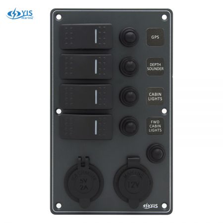 Aluminum Switch Panel with Cig. Light & USB Charger Sockets - SP3234P-Water-resistant Switch Panel with USB Charger and Cig. Lighter Socket (Dark Gray)